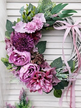 ВЕСЕННИЙ ЦВЕТОЧНЫЙ ВЕНОК ДЛЯ ДВЕРИ, ПЛЕТЕННЫЙ ВЕНОК, КРЕМ, ЛАВАНДА, ЛИЛА