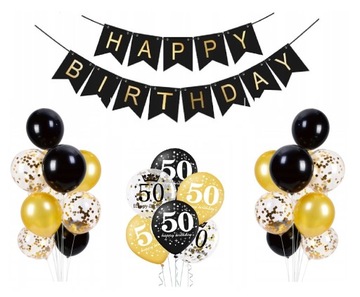 Balony z banerem Happy Birthday na 50tkę złote