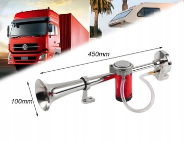 SYGNAŁ KLAKSON TRĄBKA FANFARA CHROM Z KOMPRESOREM BARDZO GŁOŚNY 12V 44.5cm