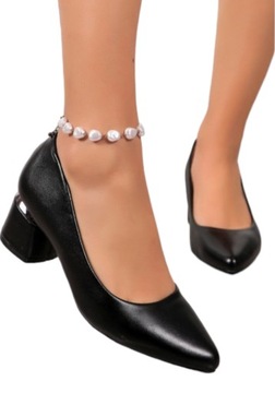 Damskie Buty Czółenka Skórzane na Niskim Obcasie Klocku Wygodne Czarne r 40