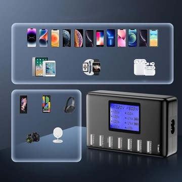 ПРОФЕССИОНАЛЬНАЯ ЗАРЯДНАЯ СТАНЦИЯ-ХАБ, ЖК-ДИСПЛЕЙ, 8 ПОРТОВ, USB TYPE-C, 60 Вт