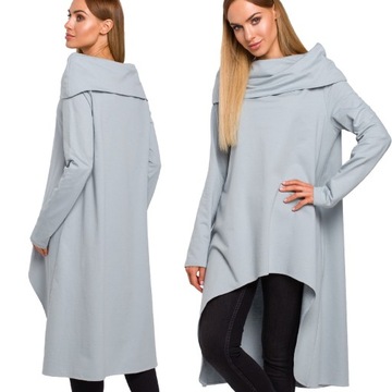 KOBIECA BLUZA CIEPŁA MODNA GŁADKA DŁUGA ASYMETRYCZNA SZARA 36/38 S/M