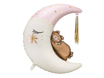 PARTY DECO - Balon foliowy - miś na księżycu - RÓŻOWY - 80 x 98 cm