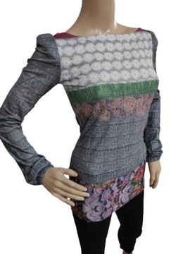 Desigual szara bawełniana bluzka dopasowana tunika w kratę haft XL