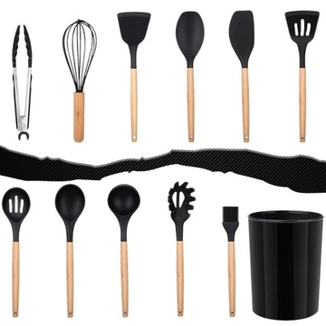 ZESTAW PRZYBORÓW KUCHENNYCH PRZYBORY KUCHENNE SILIKONOWE DREWNIANE 12 EL