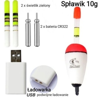 SPŁAWIK BOJKA LED 10g + 2x świetlik + Ładowarka + 2 baterie CR322