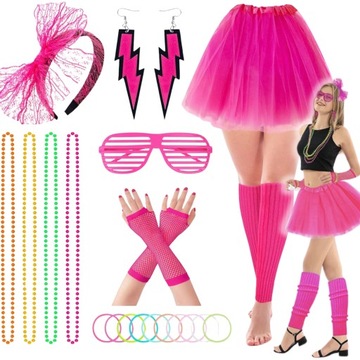 НАБОР НАРЯДОВ 1980-е НЕОНОВЫЕ СЕРЬГИ ОЖЕРЕЛЬЕ ЮБКА ДИСКО-ПЕРЧАТКИ 8в1