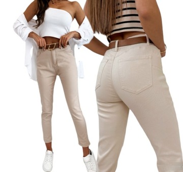 SPODNIE MOM FIT BOYFRIEND JEANS PUSH UP BEŻOWE Z PASKIEM