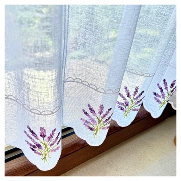 Льняная кухонная штора Заздростка белая с вышивкой лаванда высота 90 см