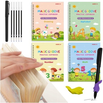 MAGICZNE KSIĄŻECZKI DO NAUKI PISANIA CYFRY LITERY KALIGRAFIA ZESTAW 4szt