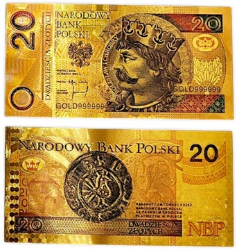 Красивая коллекционная позолоченная банкнота из ПВХ номиналом 20 злотых BOLESŁAW CHROBRY