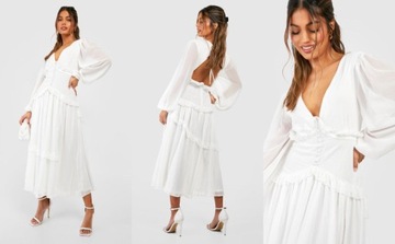2F3A11 A02 BOOHOO BIAŁA SUKIENKA MIDI Z FALBANKAMI BUFKI XL