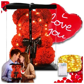 MIŚ Z RÓŻ ZESTAW 20 LED WALENTYNKI PREZENT DZIEŃ KOBIET MAMY BALON LOVE 3D