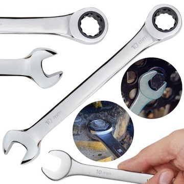 КЛЮЧИ КОМБИНИРОВАННЫЕ С ТРЕЩОТКОЙ, сталь, хром, рожковый, 10 мм, 1 шт.