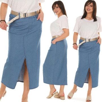 F665 Jeansowa SPÓDNICA midi kieszenie