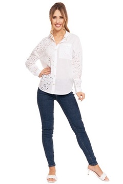 ЭЛЕГАНТНАЯ БЕЛАЯ ЖЕНСКАЯ РУБАШКА, ХЛОПОК, АЖУР, СВОБОДНАЯ БОХО МОРАЖ, размер XL