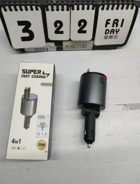 ŁADOWARKA WYSUWANA SAMOCHODOWA OBROTOWY 120W ZAPALNICZKA USB-C Z KABLE 4W1