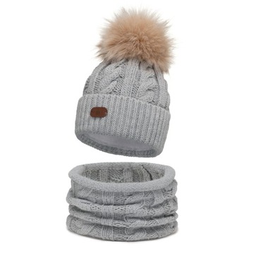 Czapka zimowa z pomponem + komin komplet Jasny Szary