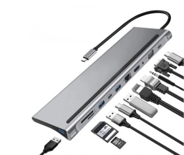 ADAPTER USB C HUB MACBOOK AIR PRO M1 M2 M3 2x HDMI USB SD VGA RJ45 12w1 PD