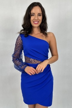 ELEGANCKA CHABROWA SUKIENKA MINI NA JEDNO RAMIĘ NA WESELE Z CEKINAMI 34-42