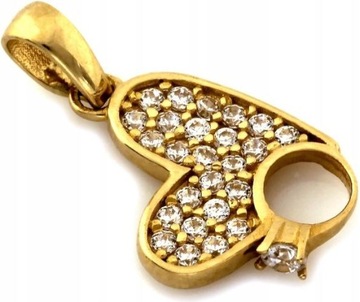 Zawieszka złota 585 serce z pierścionkiem z cyrkoniami wisiorek modny wzór