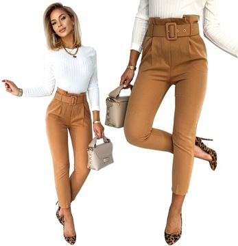 KOBIECE ELEGANCKIE SPODNIE Cygaretki PASEK CAMEL