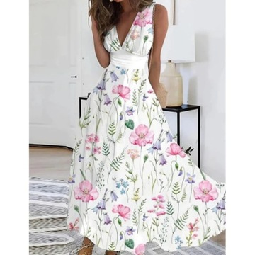 SUKIENKA ELEGANCKA DAMSKA MAXI DŁUGA W KWIATY ZWIEWNA LUŹNA