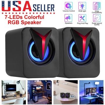 1 Pairs Computer Speakers, Stereo 2.0 PC Speakers with 7LEDs Lighting