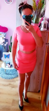 Комплект ТОП БЛУЗА + МИНИ ЮБКА-КАРАНДАШ на резинке Neon Pink XS/S