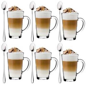 SZKLANKI DO KAWY LATTE Macchiato +ŁYŻECZKI zestaw szklanek na kawę kubek x6