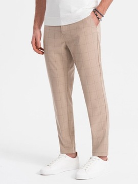 Męskie spodnie o klasycznym kroju w kratę piaskowe V2 OM-PACP-0187 XXL