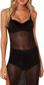 MIDI SIATECZKOWA TUNIKA PLAŻOWA PAREO LETNIA SUKIENKA DAMSKA CZARNA