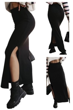 DŁUGA SPÓDNICA PUSHUP OŁÓWKOWA DRAPOWANA TUBA DOPASOWANA ROZCIĘCIA CZARNA