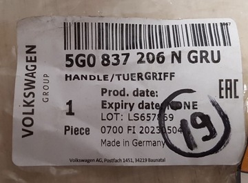 5G0837206N KLIKA DVEŘE PRAVÁ ZADNÍ VW GOLF VII MODRÝ