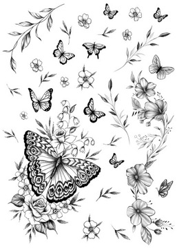 Naklejka Mocne Tatuaże tymczasowe Arkusz z Kwiatami Motyle TM270