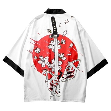 JAPOŃSKIE KIMONO HAORI SAMURAJ KATANA KITSUNE HINOMARU FLAGA LIŚCIE AOBA 3