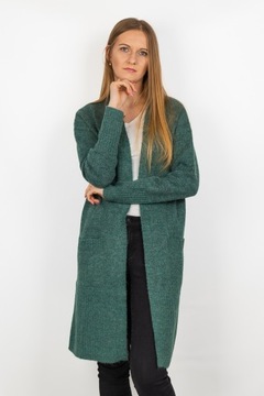 New Look Długi Kobiecy Luźny Zielony Sweter Narzutka Kieszenie z Wełną 48