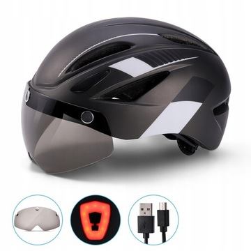 Kask rowerowy meski damski z szybą z tylna lampka