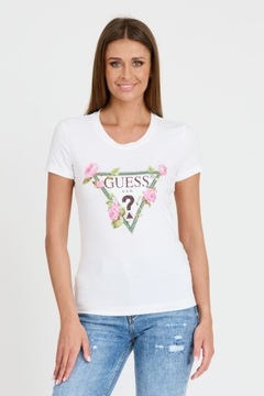 GUESS Biały t-shirt Floral Triangle Tee L