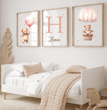 Zestaw 3 plakaty A4 misie z balonami róż dla dziewczynki imię Różne wzory