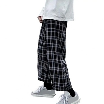 Autumn Men Pants Plaid Streetwear Wide Leg Elastic