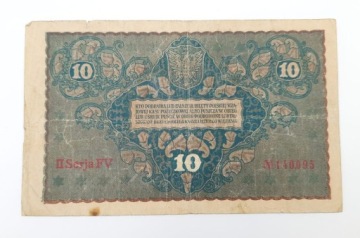 Старая коллекционная банкнота номиналом 10 польских марок 1919 года, Польша.