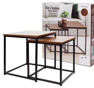 STOLIK KAWOWY CIEMNY DĄB LOFT METALOWY / MDF - STOLIKI ZESTAW 2 SZTUKI
