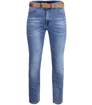 Klasyczne spodnie męskie jeansy z brązowym paskiem 36