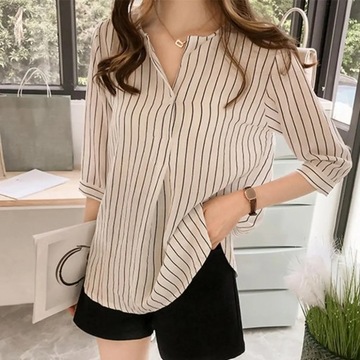 Women Shirt Striped Print V-neck 3/4 Sleeves V Nec