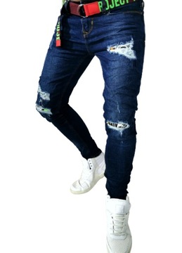 Spodnie męskie jeans granatowe łaty pas Gratis 32