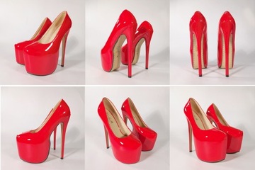 CZÓŁENKA DAMSKIE czerwone SZPILKI NA PLATFORMIE 18 CM SEKSOWNE POMPY r.41
