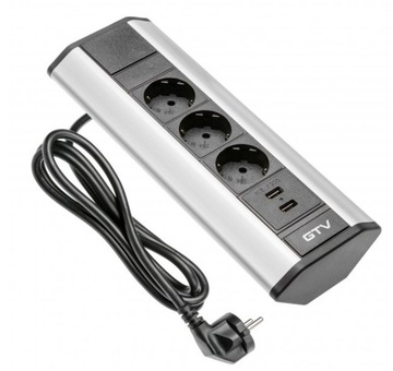 Przedłużacz biurkowy kątowy 3x schuko USB srebrny