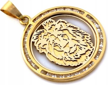 Złota zawieszka okrągła z głową lwa lew unisex próba 585 modny wzór 14k
