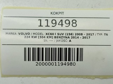 KOKPIT DESKA ROZDĚLOVAČE KONZOLA AIRBAG VOLVO XC60 I EVROPA